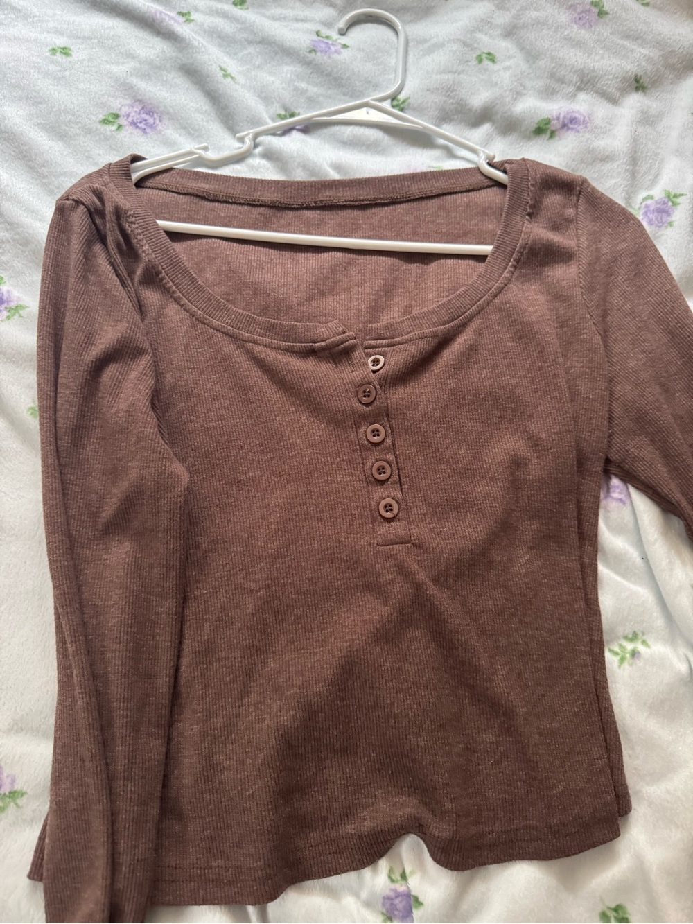 Brown Ribbed Henley Long Sleeve Top